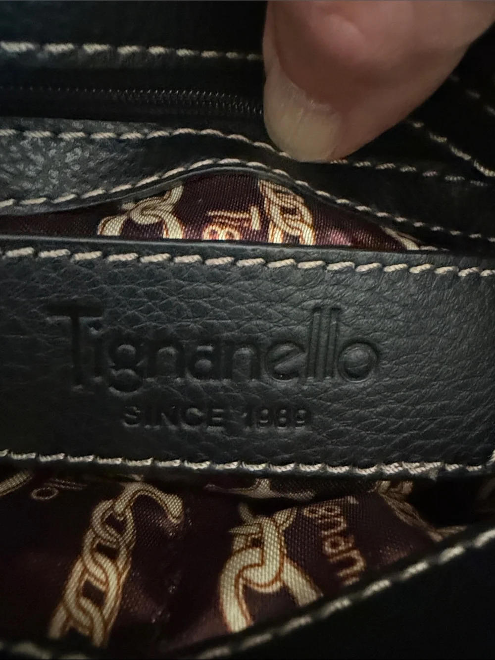 Tignanello Classic Black Leather Tote Bag with Zip Pockets